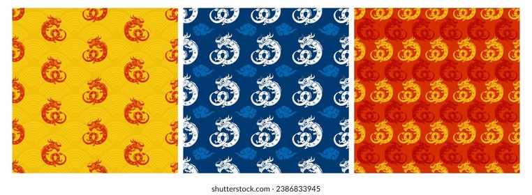 Happy Chinese New Year 2024 Seamless Pattern Design. Translation : Year of the Dragon. with Lantern, Dragons and China Elements in Flat Illustration
