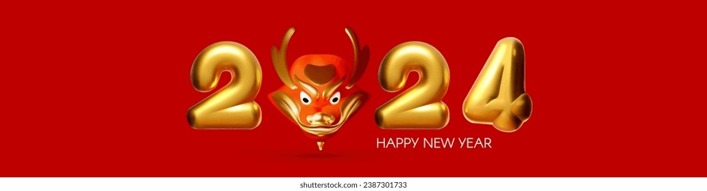 Happy Chinese New Year 2024 Dragon. Header. 3D Zodiac sign. Asia holiday design template. Chinese text means "Happy New Year". Lunar New Year celebration.