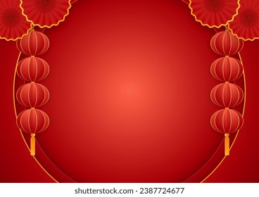 Happy Chinese new year 2024. Chinese new year banner with circle for show product. Greeting card. China frame with lantern on red background.