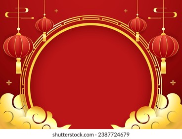 Happy Chinese new year 2024. Chinese new year banner with circle for show product. Greeting card. China frame with lantern on red background.