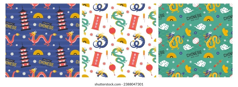 Happy Chinese New Year 2024 Seamless Pattern Design. Translation : Year of the Dragon. with Lantern, Dragons and China Elements in Flat Illustration