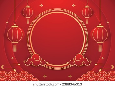 Happy Chinese new year 2024. Chinese new year banner with circle for show product. Greeting card. China frame with lantern on red background.