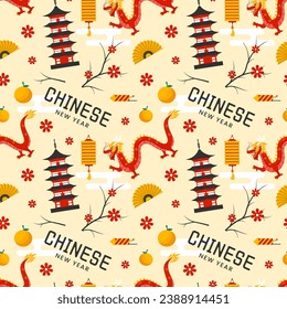 Happy Chinese New Year 2024 Seamless Pattern Design. Translation : Year of the Dragon. with Lantern, Dragons and China Elements in Flat Illustration