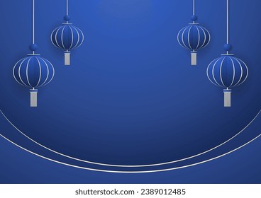 Happy Chinese new year 2024. Chinese new year banner with circle for show product. Greeting card. China frame with lantern on Blue background.