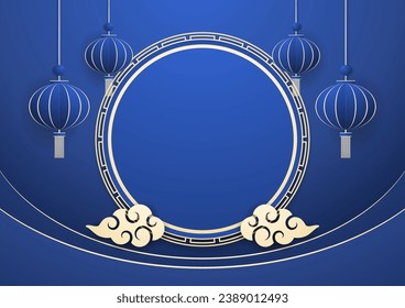 Happy Chinese new year 2024. Chinese new year banner with circle for show product. Greeting card. China frame with lantern on Blue background.