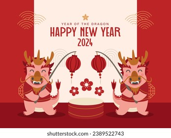 Happy Chinese New Year 2024 year of the dragon greeting card with cute cartoon illustration concept
