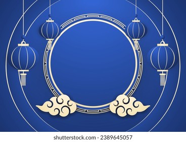 Happy Chinese new year 2024. Chinese new year banner with circle for show product. Greeting card. China frame with lantern on Blue background.