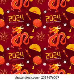 Happy Chinese New Year 2024 Seamless Pattern Design. Translation : Year of the Dragon. with Lantern, Dragons and China Elements in Flat Illustration