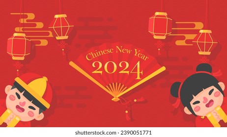 Happy Chinese New Year 2024. Hanging Chinese fans and lanterns. Cute Chinese children pay respects on Chinese New Year.