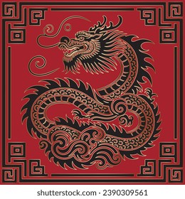 Happy Chinese new year 2024 Zodiac sign, year of the Dragon. Line art drawing ornamental chinese dragon with gold outlines and square frame. Luxury ornate decorative trendy design for cards, calendars