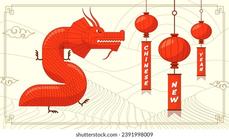 Happy Chinese New Year 2024 holiday horizontal poster. Linear graphic China red dragon zodiac sign on rice fields background. Asian festive greeting card. Text translation from Chinese: year of dragon