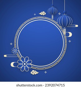 Happy Chinese new year 2024. Chinese new year banner with circle for show product. Greeting card. China frame with lantern on Blue background.