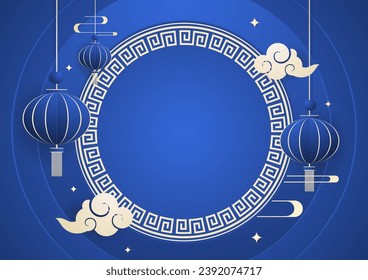 Happy Chinese new year 2024. Chinese new year banner with circle for show product. Greeting card. China frame with lantern on Blue background.