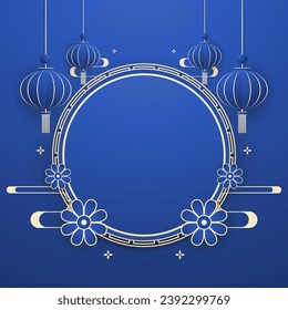 Happy Chinese new year 2024. Chinese new year banner with circle for show product. Greeting card. China frame with lantern on Blue background.