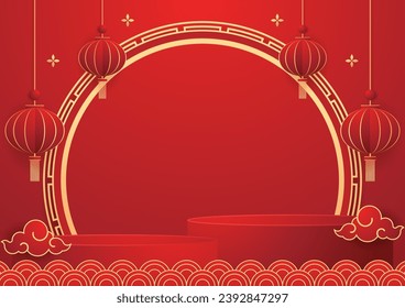 Happy Chinese new year 2024. Chinese new year banner with circle for show product. Greeting card. China frame with lantern on red background.