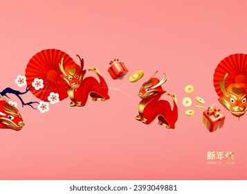 Happy Chinese New Year 2024 Dragon. 3D Zodiac sign. Asia holiday design template. Chinese text means "Happy New Year". Lunar New Year celebration