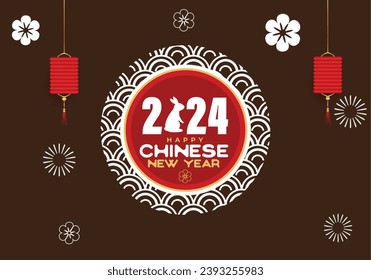 Happy Chinese new year 2024 with Chinese new year zodiac Chinese Translation: "happy new year the rabbit zodiac sign with flower happy Chinese new year 2024 isolated brown color rabbit red and gold .