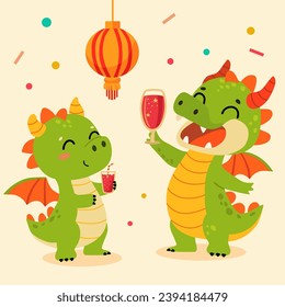 Happy Chinese new year 2024, year of the Dragon. Two cheerful cartoon green dragons in a festive decoration. Cute New Year cartoon card. 