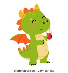 Happy Chinese new year 2024, year of the Dragon. Cute cartoon green dragon. Vector illustration.