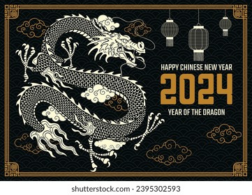 Happy Chinese New Year 2024 Illustration with Asian Frame, Year of the Dragon