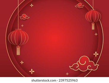 Feliz año nuevo chino 2024. Banner chino del año nuevo con círculo para el producto show. Tarjeta de felicitación. Marco de China con linterna sobre fondo rojo.