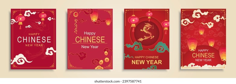 Happy Chinese New Year 2024 cover brochure set in flat design. Poster templates with lanterns, gold zodiac Dragon, clouds, coins, other Chine symbols and traditional decorations. Vector illustration.