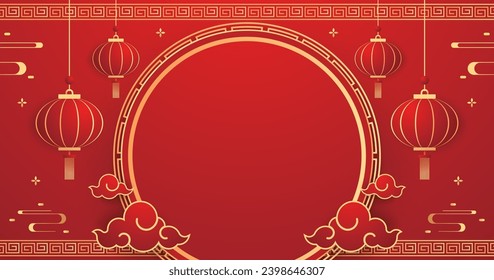 Happy Chinese new year 2024. Chinese new year banner with circle for show product. Greeting card. China frame with lantern on red background.