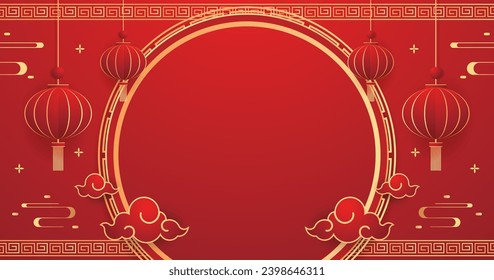 Happy Chinese new year 2024. Chinese new year banner with circle for show product. Greeting card. China frame with lantern on red background.