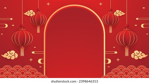 Happy Chinese new year 2024. Chinese new year banner with circle for show product. Greeting card. China frame with lantern on red background.