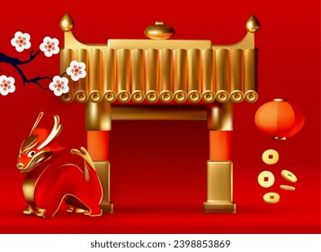 Happy Chinese New Year 2024 Dragon. 3D Zodiac sign with Traditional China Gate. Asia holiday design template. Chinese text means "Happy New Year". Lunar New Year celebration