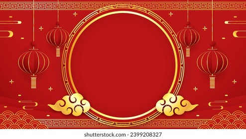 Happy Chinese new year 2024. Chinese new year banner with circle for show product. Greeting card. China frame with lantern on red background.