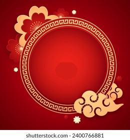 Happy Chinese new year 2024. Chinese new year banner with circle for show product. Greeting card. China frame with lantern on red background.