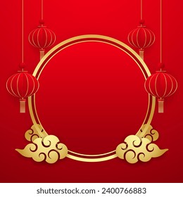 Happy Chinese new year 2024. Chinese new year banner with circle for show product. Greeting card. China frame with lantern on red background.