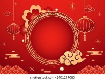 Happy Chinese new year 2024. Chinese new year banner with circle for show product. Greeting card. China frame with lantern on red background.