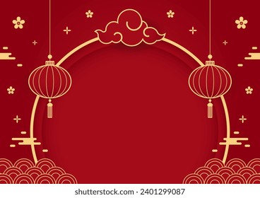 Happy Chinese new year 2024. Chinese new year banner with circle for show product. Greeting card. China frame with lantern on red background.