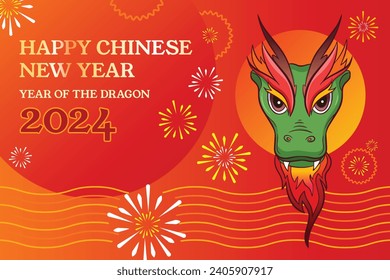 Happy Chinese New Year 2024 Year of The Dragon Design Template vector illustration isolated on horizontal background with green and red dragon face portrait. Wallpaper and backdrop drawing.