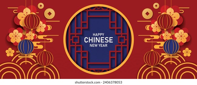 Happy chinese new year 2024 the dragon zodiac sign with red and gold charm, Symbolizing prosperity and richness. vector for festive greeting cards and banner design. Translation : happy new year 2024