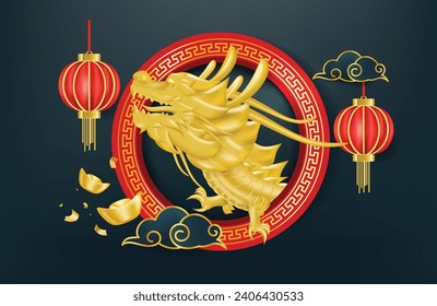 Happy chinese new year 2024 the dragon zodiac sign with lantern,asian elements gold paper cut style on color background.