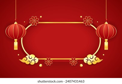 Happy Chinese new year 2024. Chinese new year banner with circle for show product. Greeting card. China frame with lantern on red background.