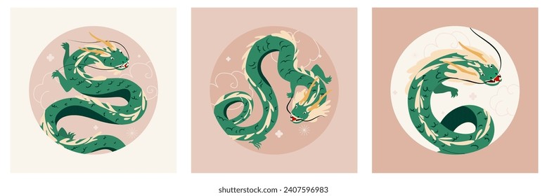 Happy Chinese New Year 2024. Vector illustration of a green wooden dragon in flat hand drawn style. Banner design template. Lunar new year 