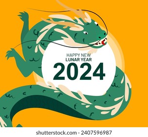 Happy Chinese New Year 2024. Vector illustration of a green wooden dragon in flat hand drawn style. Banner design template. Lunar new year 