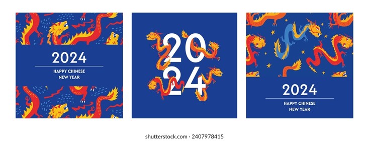 Happy chinese new year 2024. Year of the dragon. Vector illustration with asian dragons. Holiday greeting cards