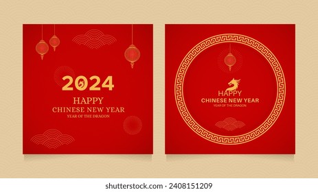 Happy Chinese New Year 2024 Red Background Design  Year of The Dragon With Chinese Lantern and Pattern