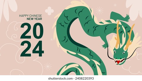 Happy Chinese New Year 2024. Vector illustration of a green wooden dragon in flat hand drawn style. Banner design template. Lunar new year 
