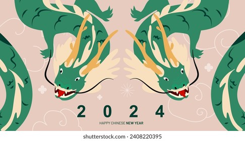 Happy Chinese New Year 2024. Vector illustration of two green wooden dragons in flat hand drawn style. Banner design template. Lunar new year 