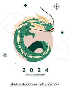 Happy Chinese New Year 2024. Vector illustration of a green wooden dragon in flat hand drawn style. Banner design template. Lunar new year 