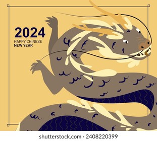 Happy Chinese New Year 2024. Vector illustration of wooden dragons in flat hand drawn style. Banner design template. Lunar new year 