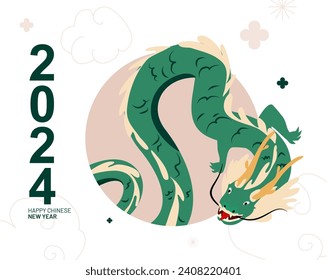 Happy Chinese New Year 2024. Vector illustration of a green wooden dragon in flat hand drawn style. Banner design template. Lunar new year 