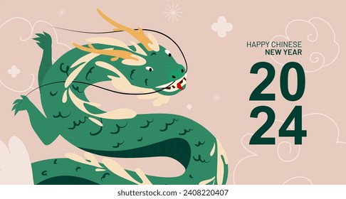 Happy Chinese New Year 2024. Vector illustration of a green wooden dragon in flat hand drawn style. Banner design template. Lunar new year 