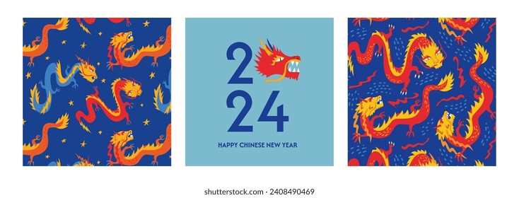 Happy chinese new year 2024. Year of the dragon. Vector illustration with asian dragons. Holiday greeting cards